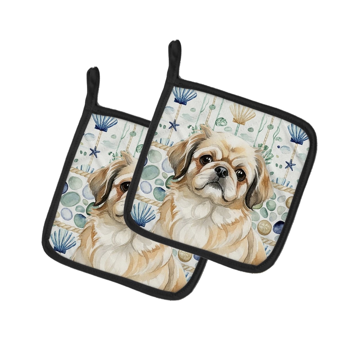 Picture of Carolines Treasures WDK7150PTHD 7.5 x 7.5 in. Fawn Pekingese Coastal Sea Glass Pair of Pot Holders