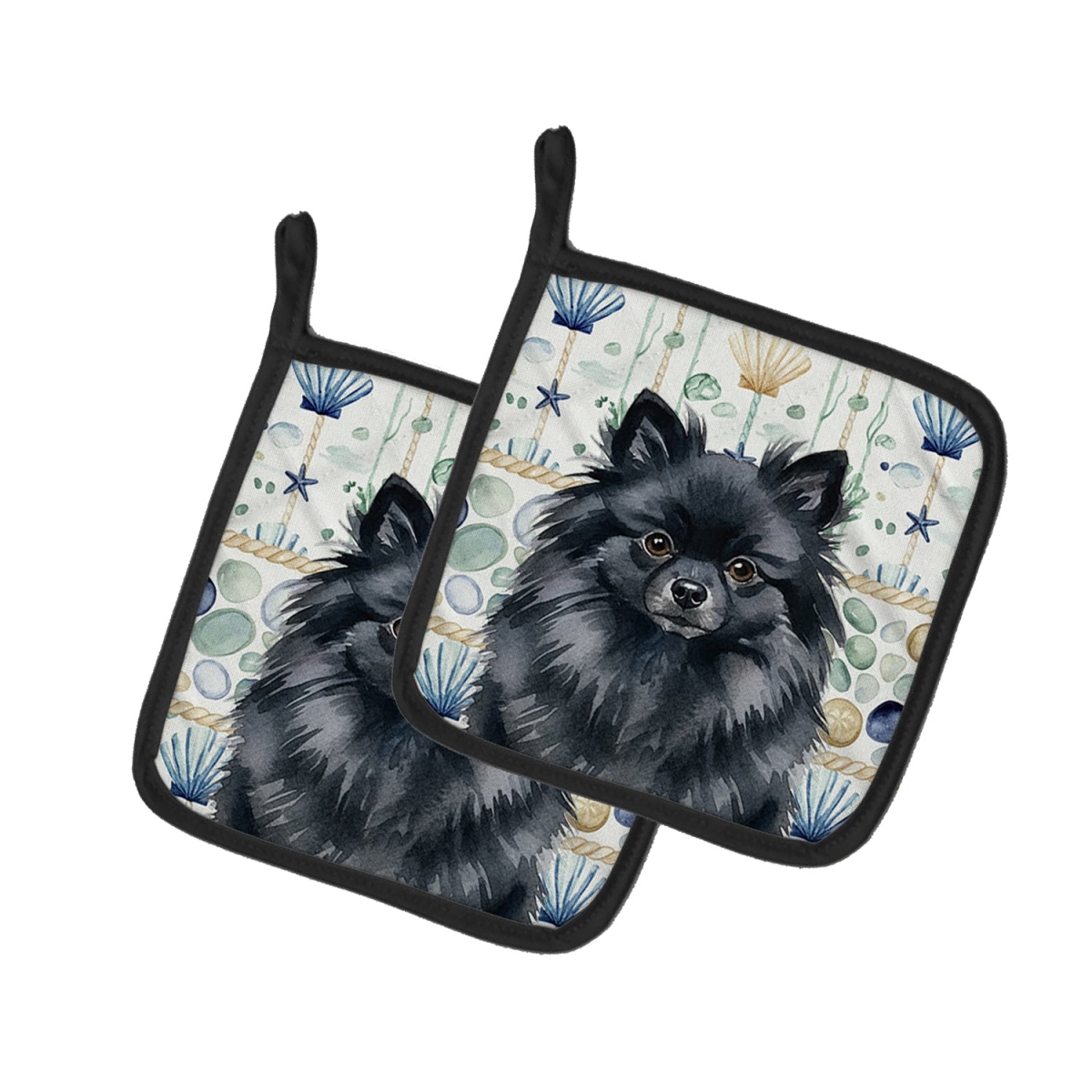 Picture of Carolines Treasures WDK7159PTHD 7.5 x 7.5 in. Black Pomeranian Coastal Sea Glass Pair of Pot Holders