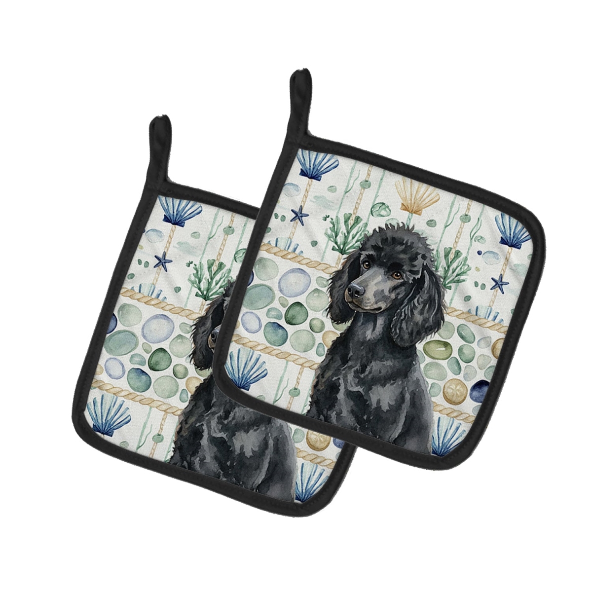 Picture of Carolines Treasures WDK7169PTHD 7.5 x 7.5 in. Standard Black Poodle Coastal Sea Glass Pair of Pot Holders