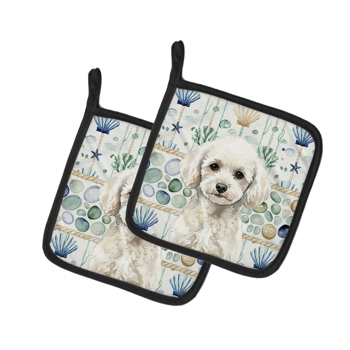 Picture of Carolines Treasures WDK7177PTHD 7.5 x 7.5 in. Toy White Poodle Coastal Sea Glass Pair of Pot Holders