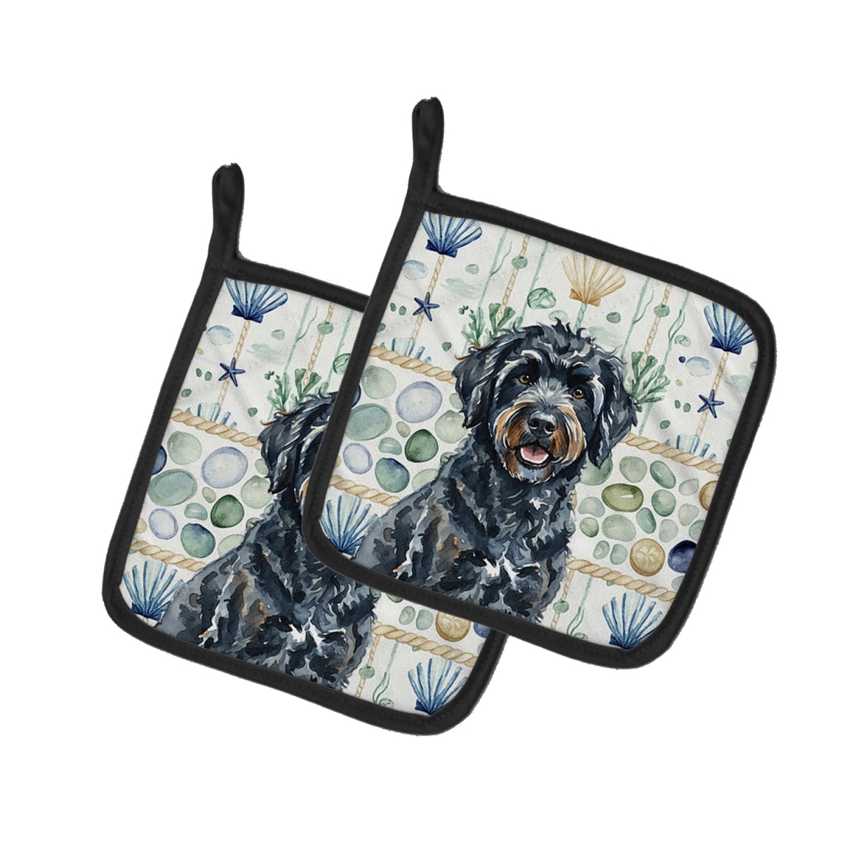 Picture of Carolines Treasures WDK7179PTHD 7.5 x 7.5 in. Black Portuguese Water Dog Coastal Sea Glass Pair of Pot Holders