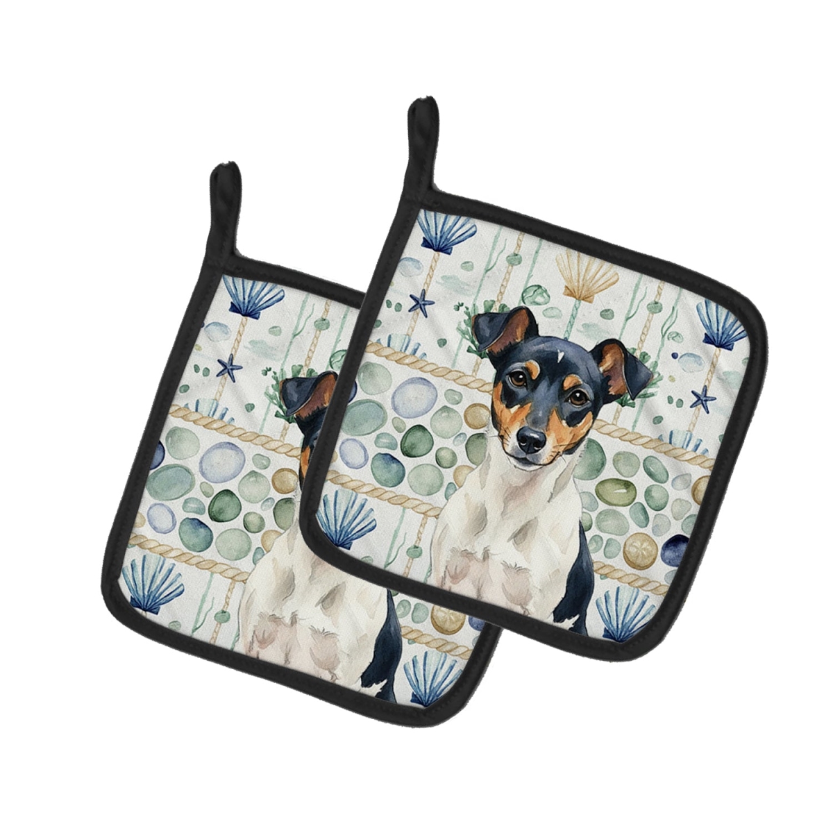 Picture of Carolines Treasures WDK7185PTHD 7.5 x 7.5 in. Tricolor Rat Terrier Coastal Sea Glass Pair of Pot Holders