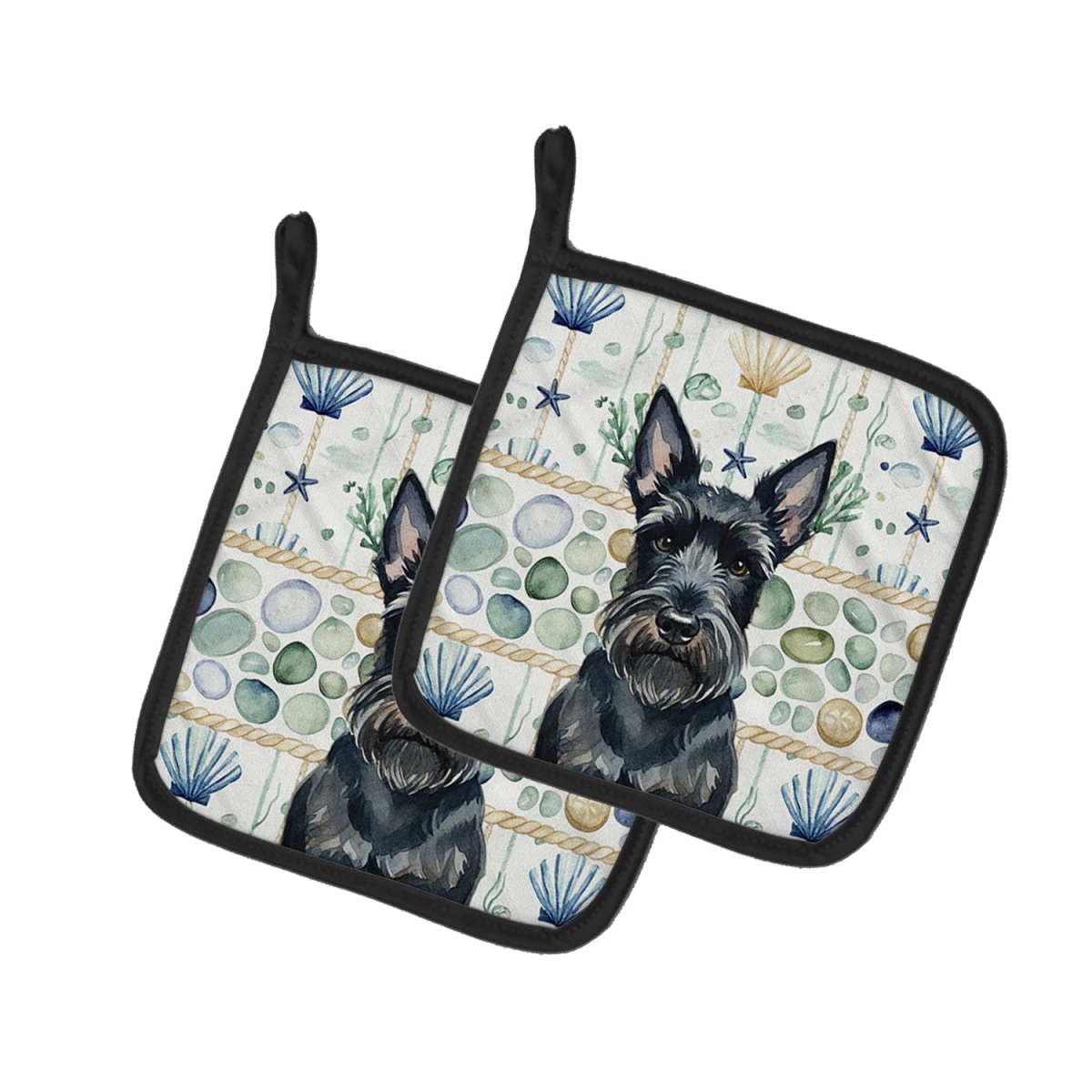 Picture of Carolines Treasures WDK7205PTHD 7.5 x 7.5 in. Scottish Terrier Coastal Sea Glass Pair of Pot Holders