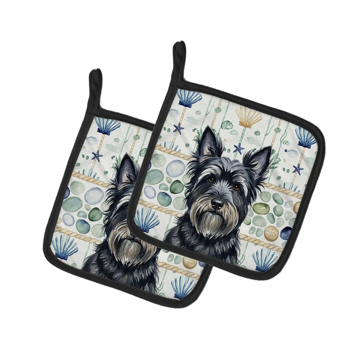 Picture of Carolines Treasures WDK7223PTHD 7.5 x 7.5 in. Black Skye Terrier Coastal Sea Glass Pair of Pot Holders
