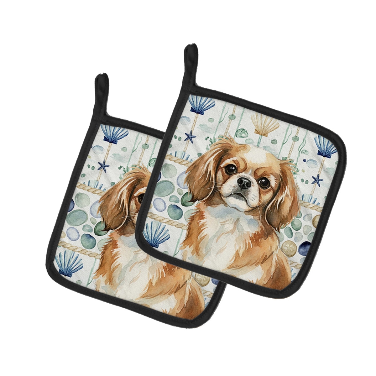 Picture of Carolines Treasures WDK7238PTHD 7.5 x 7.5 in. Tibetan Spaniel Coastal Sea Glass Pair of Pot Holders