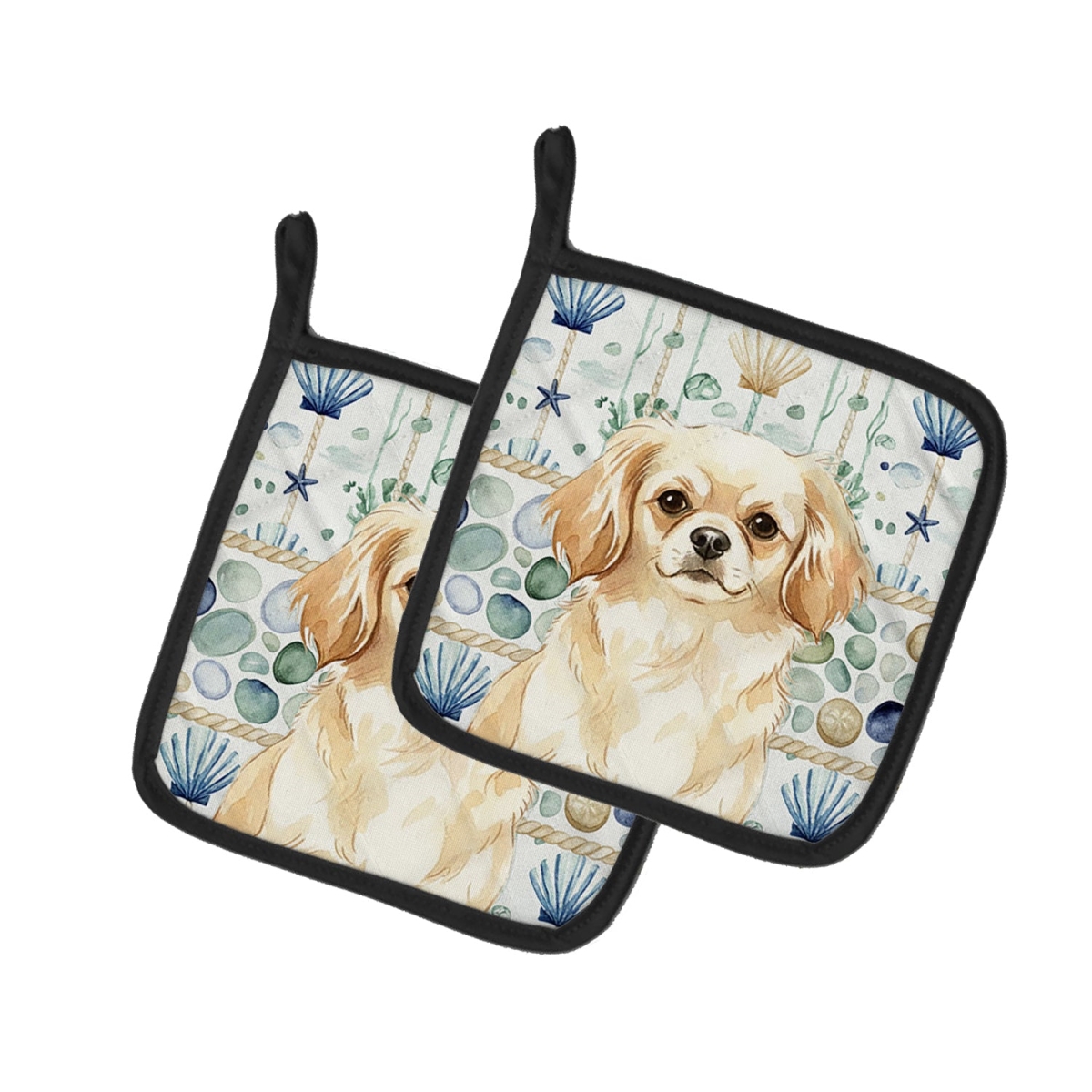 Picture of Carolines Treasures WDK7239PTHD 7.5 x 7.5 in. Cream Tibetan Spaniel Coastal Sea Glass Pair of Pot Holders