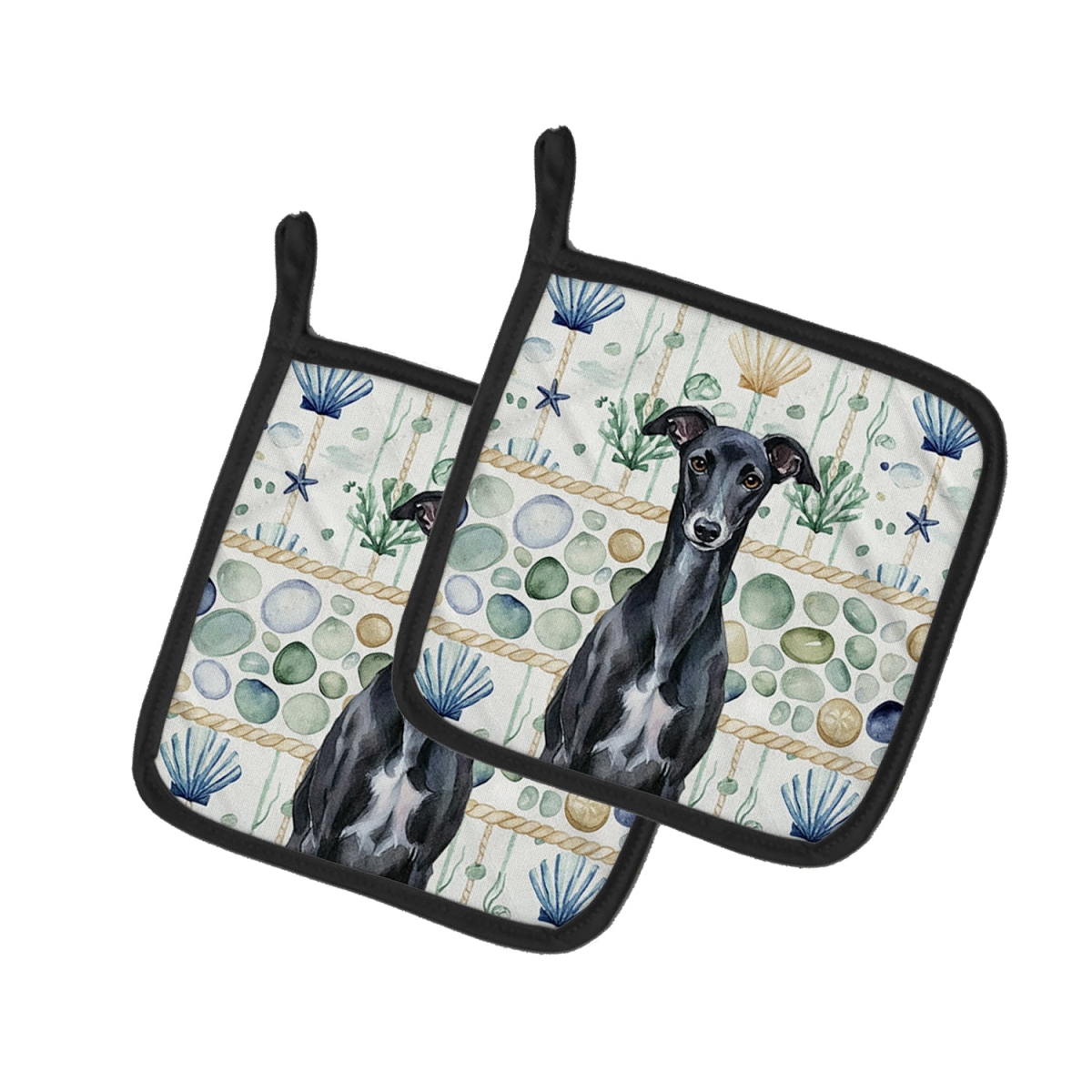 Picture of Carolines Treasures WDK7251PTHD 7.5 x 7.5 in. Black Whippet Coastal Sea Glass Pair of Pot Holders