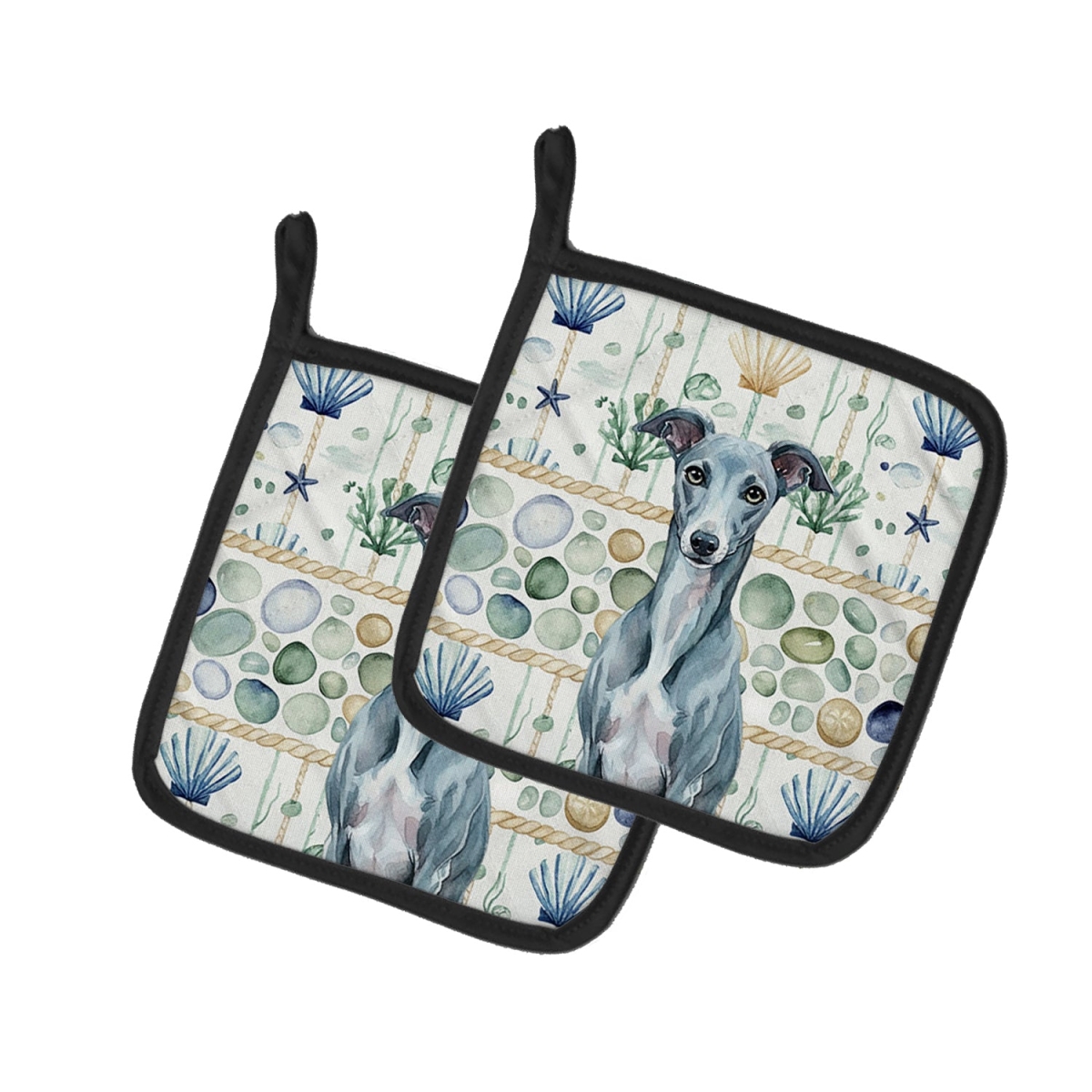 Picture of Carolines Treasures WDK7252PTHD 7.5 x 7.5 in. Blue Whippet Coastal Sea Glass Pair of Pot Holders