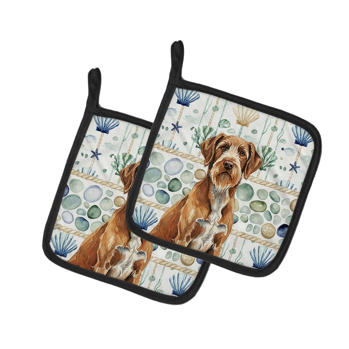 Picture of Carolines Treasures WDK7258PTHD 7.5 x 7.5 in. Wirehaired Pointing Griffon Coastal Sea Glass Pair of Pot Holders