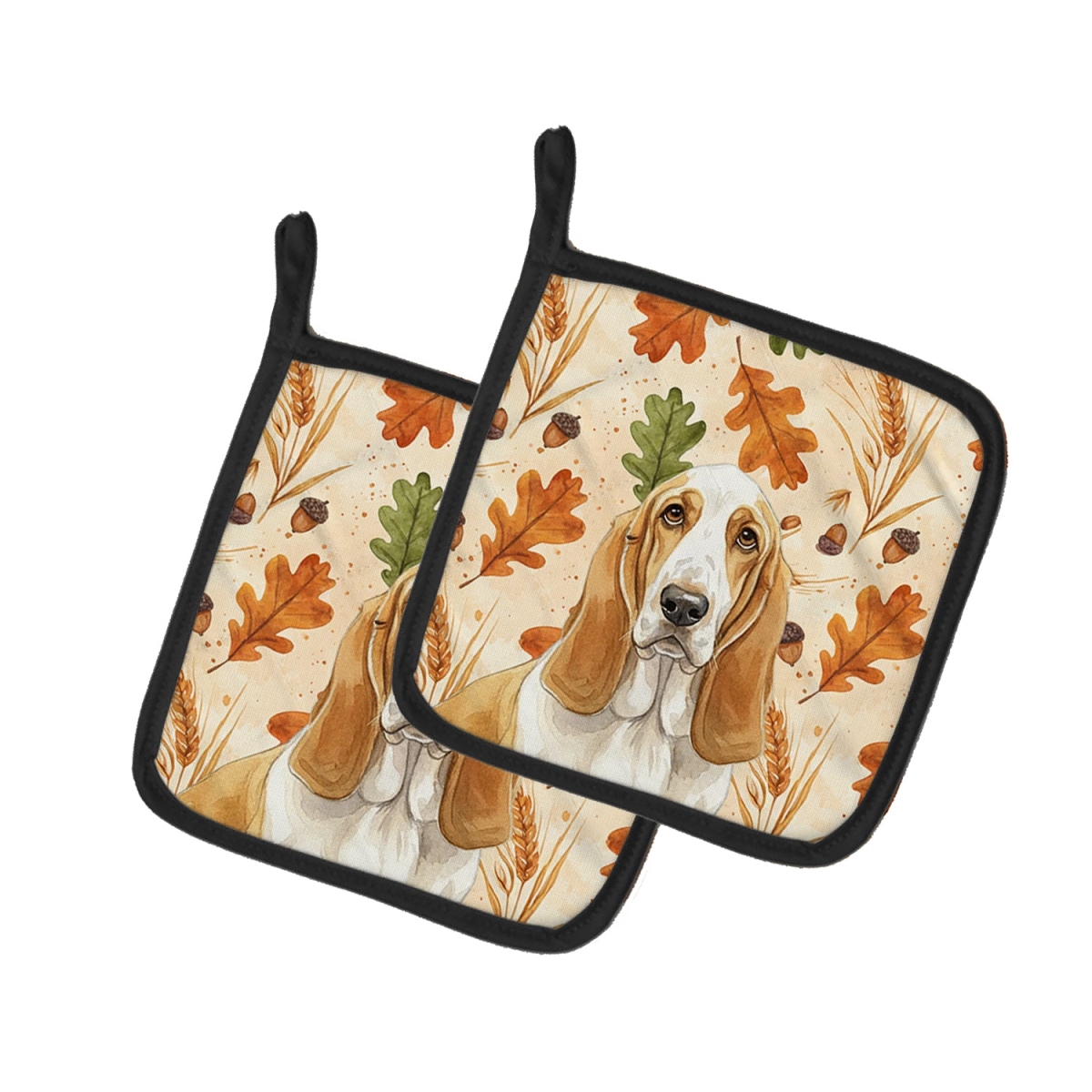 Picture of Carolines Treasures WDK7696PTHD 7.5 x 7.5 in. Lemon & White Basset Hound Heirloom Fall Pair of Pot Holders