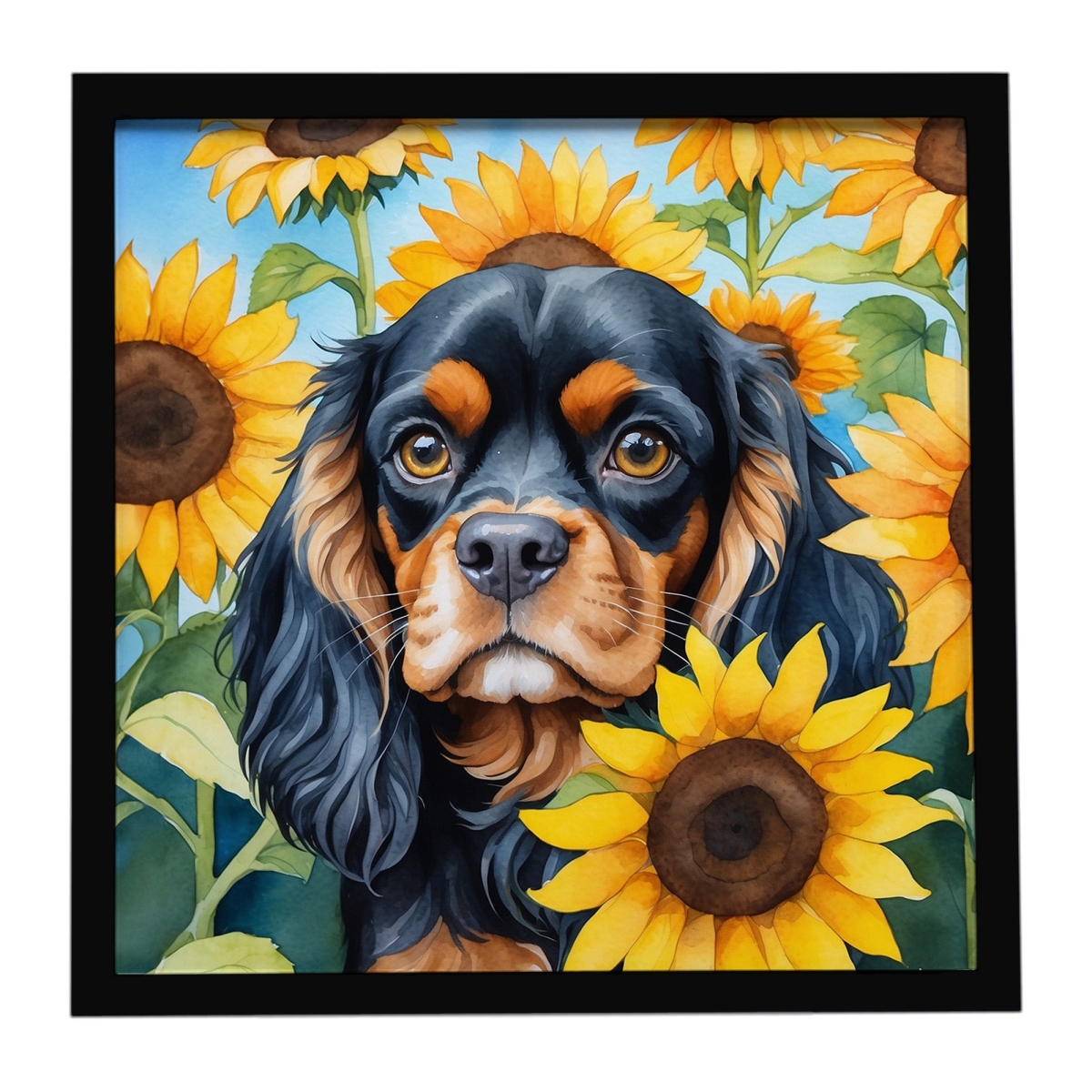 DAC6048MFP88 8 x 8 in. Cavalier Spaniel in Sunflowers Framed Metal Print