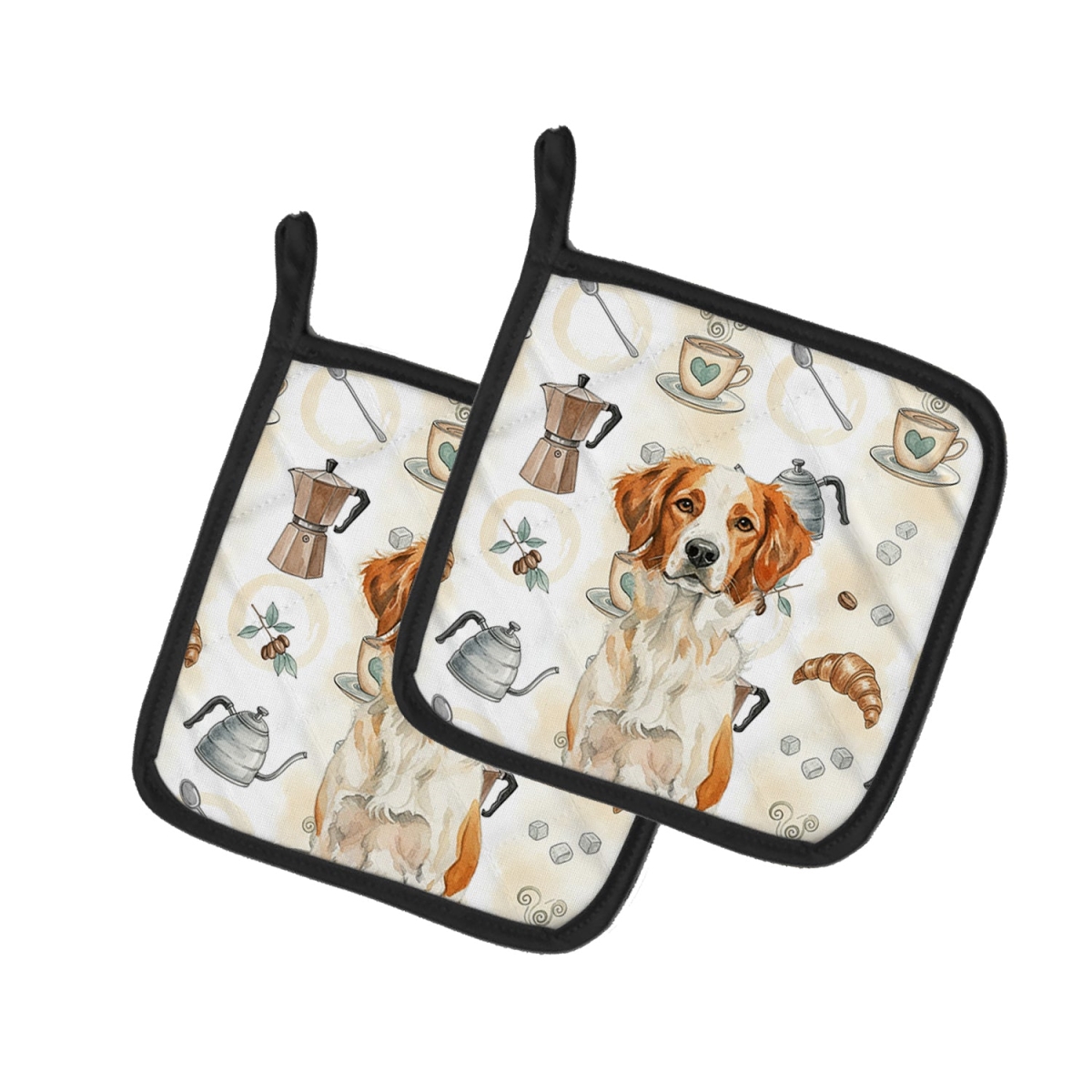 Picture of Carolines Treasures WDK7344PTHD 7.5 x 7.5 in. Orange & White Brittany Coffee Bar Pair of Pot Holders