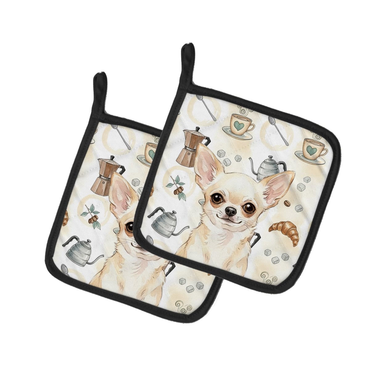 Picture of Carolines Treasures WDK7372PTHD 7.5 x 7.5 in. Cream Chihuahua Coffee Bar Pair of Pot Holders