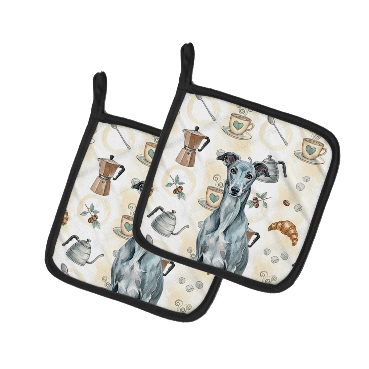 Picture of Carolines Treasures WDK7462PTHD 7.5 x 7.5 in. Blue Brindle Greyhound Coffee Bar Pair of Pot Holders