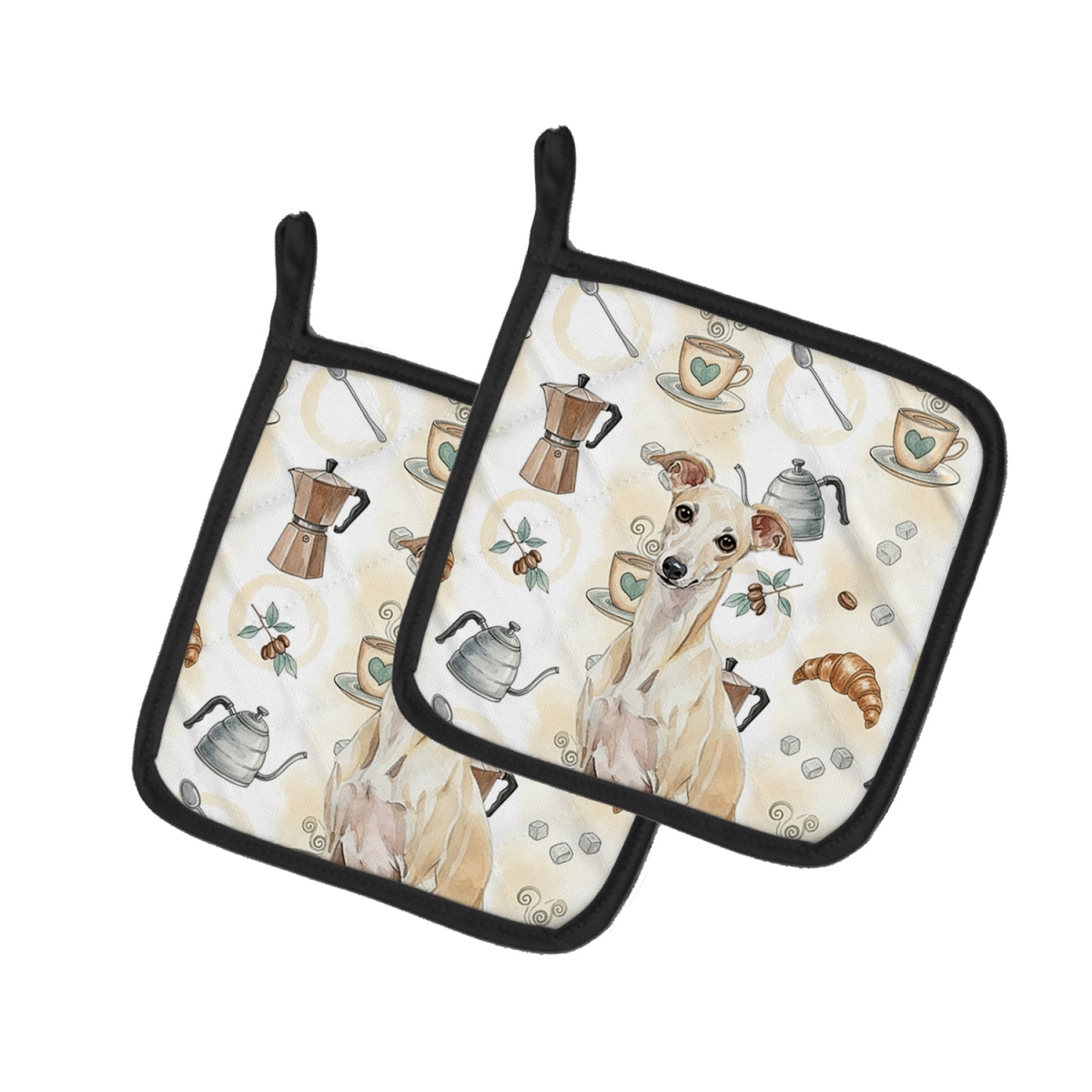 Picture of Carolines Treasures WDK7479PTHD 7.5 x 7.5 in. Cream Italian Greyhound Coffee Bar Pair of Pot Holders