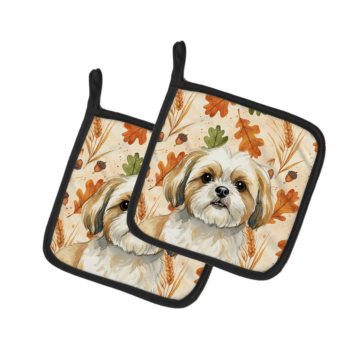Picture of Carolines Treasures WDK8018PTHD 7.5 x 7.5 in. Gold & White Shih Tzu Heirloom Fall Pair of Pot Holders