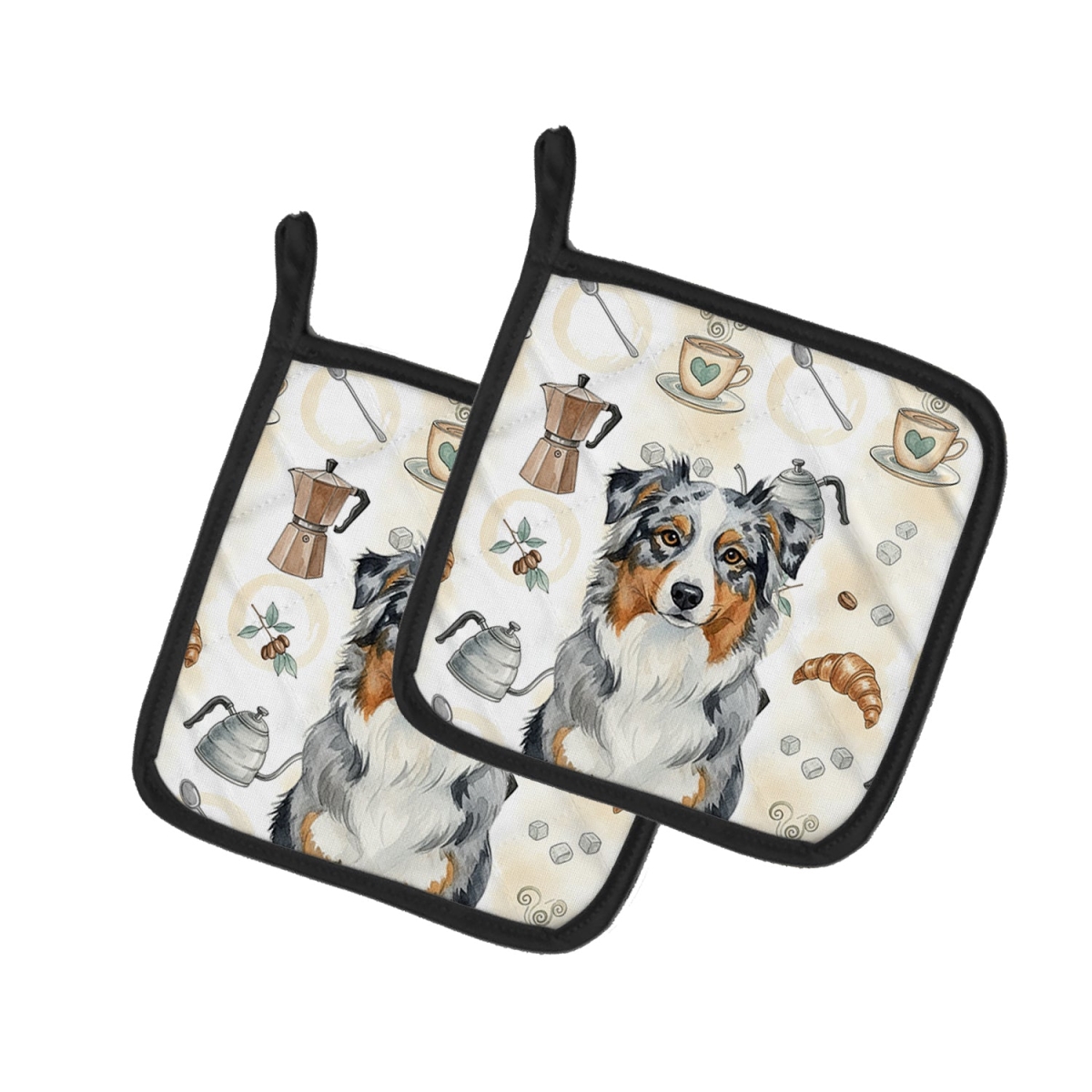 Picture of Carolines Treasures WDK7290PTHD 7.5 x 7.5 in. Blue Merle Australian Shepherd Coffee Bar Pair of Pot Holders