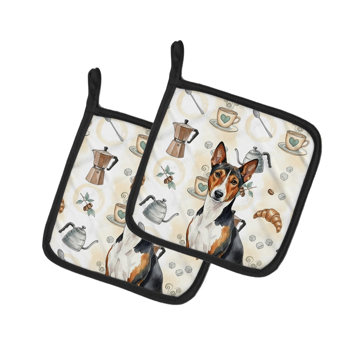 Picture of Carolines Treasures WDK7295PTHD 7.5 x 7.5 in. Tricolor & White Basenji Coffee Bar Pair of Pot Holders