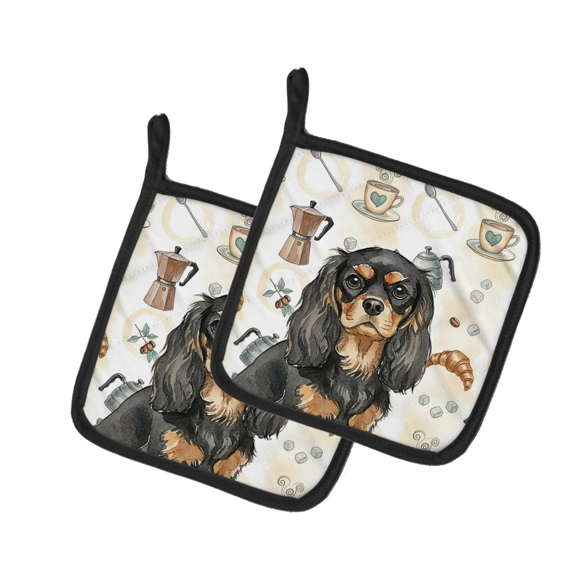 Picture of Carolines Treasures WDK7362PTHD 7.5 x 7.5 in. Black & Tan Cavalier Spaniel Coffee Bar Pair of Pot Holders