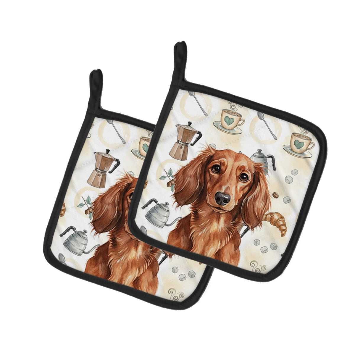 Picture of Carolines Treasures WDK7399PTHD 7.5 x 7.5 in. Longhaired Red Dachshund Coffee Bar Pair of Pot Holders