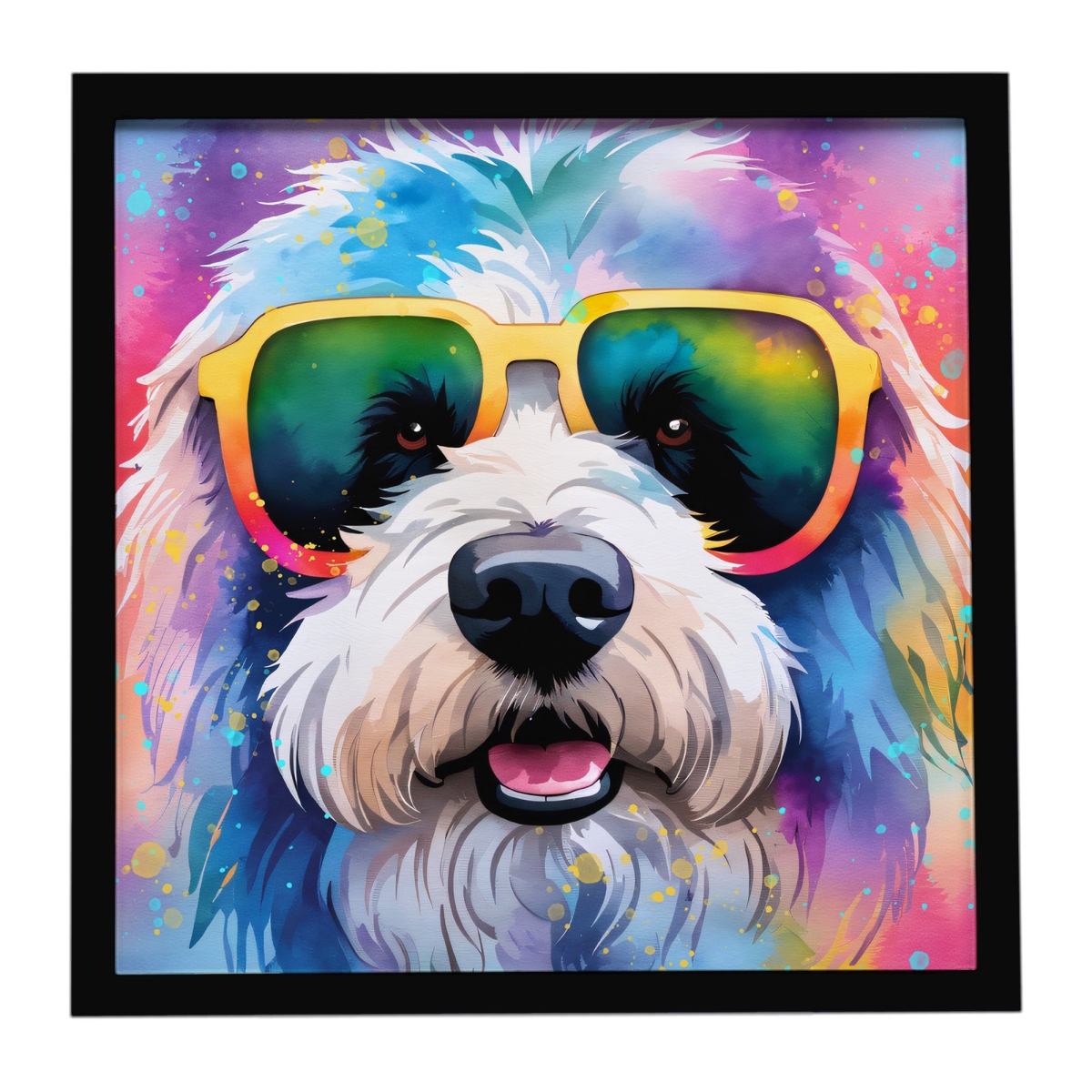 DAC2536MFP88 8 x 8 in. Old English Sheepdog Hippie Dawg Framed Metal Print