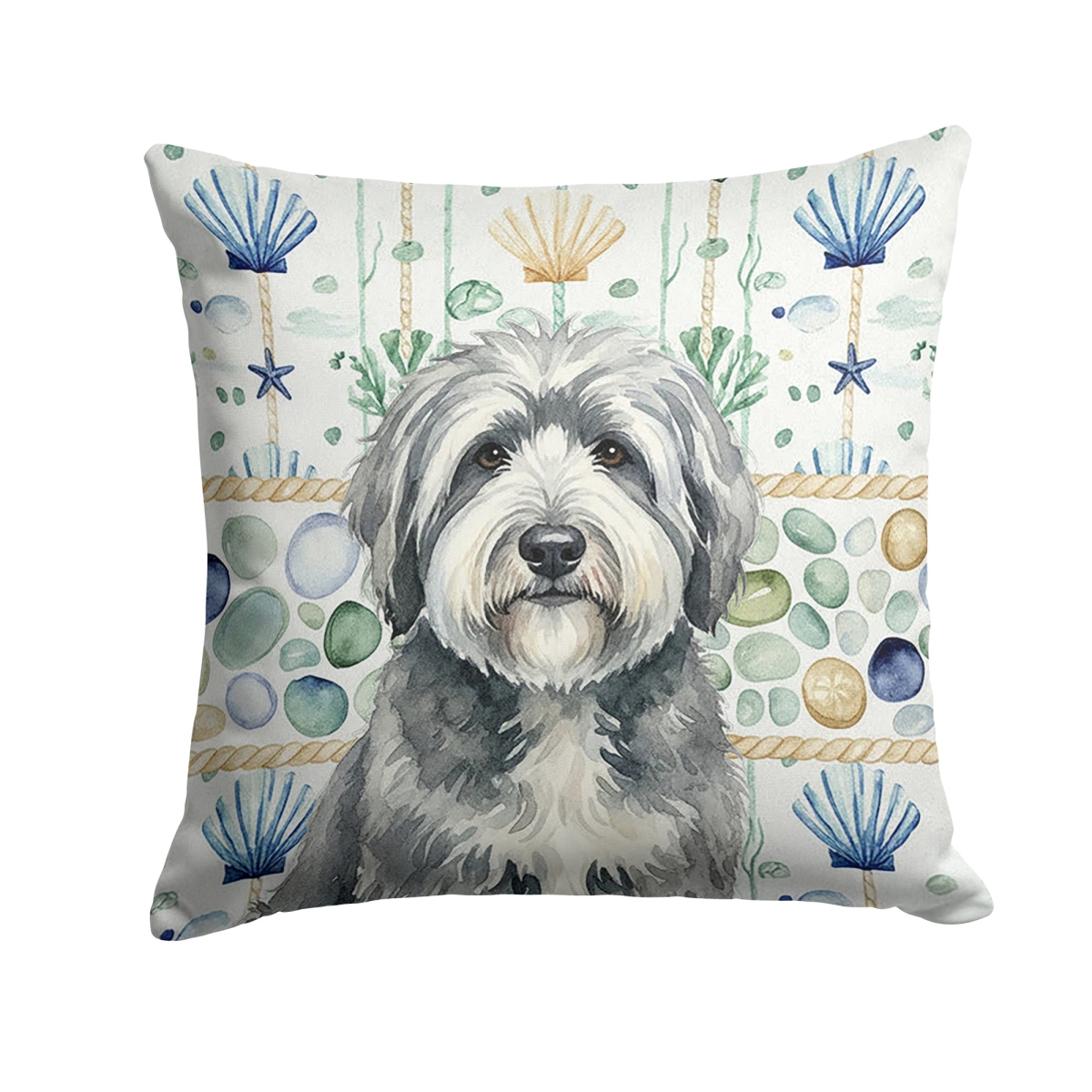 WDK7137PW1414 14 x 14 in. Gray & White Old English Sheepdog Coastal Sea Glass Throw Pillow