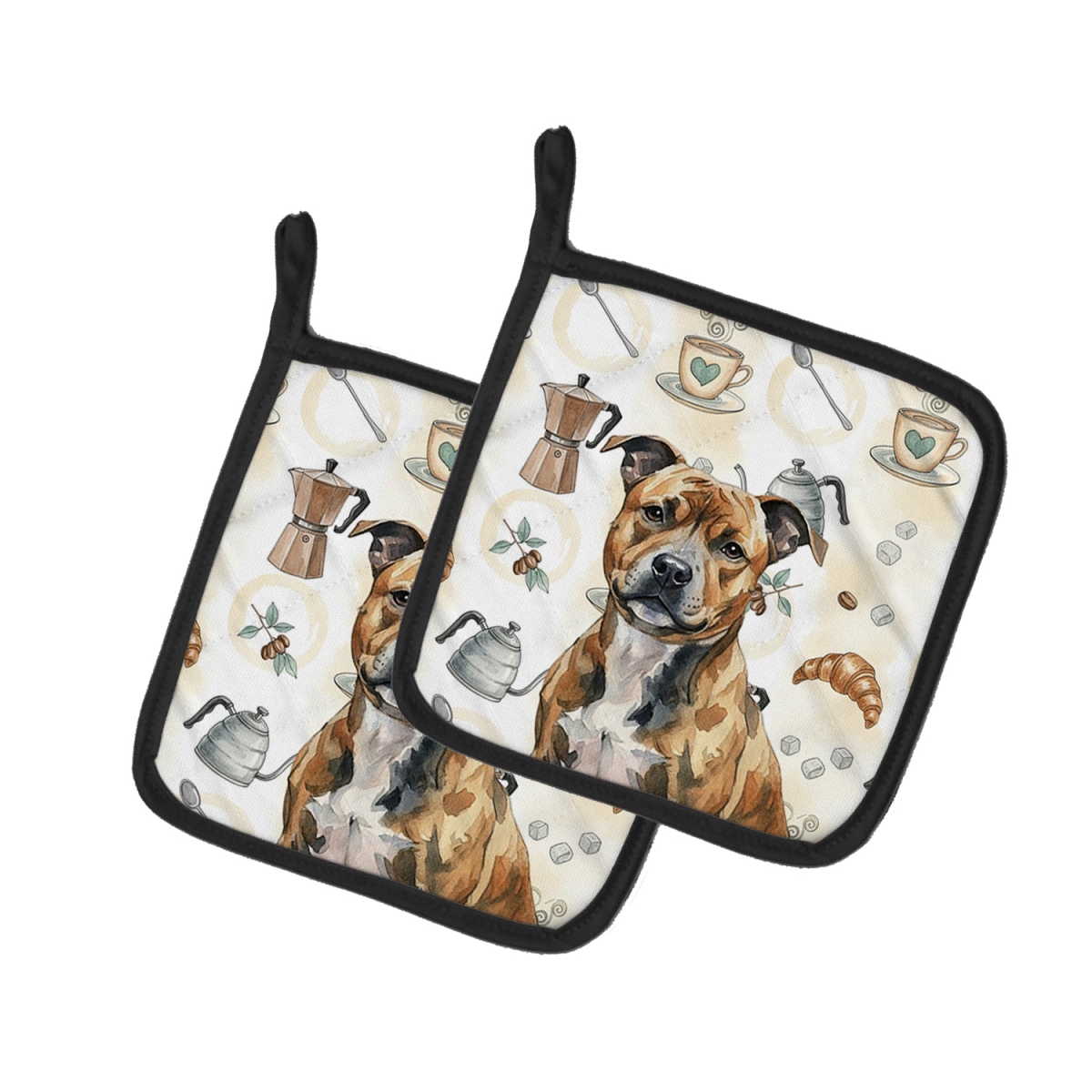 Picture of Carolines Treasures WDK7629PTHD 7.5 x 7.5 in. Brindle Staffordshire Bull Terrier Coffee Bar Pair of Pot Holders