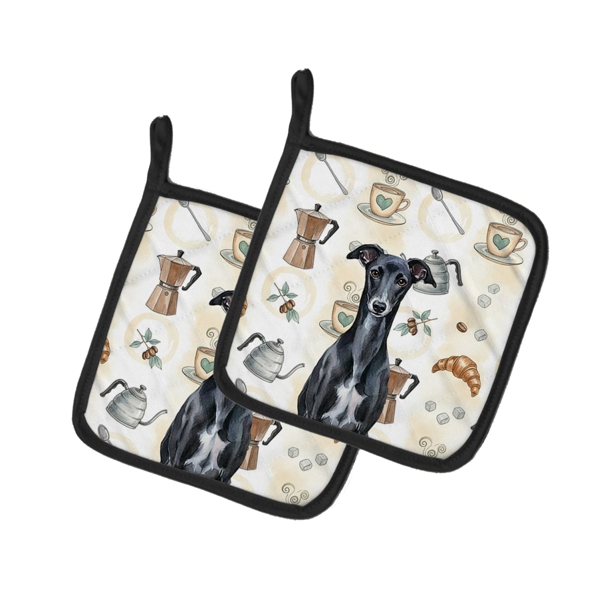Picture of Carolines Treasures WDK7651PTHD 7.5 x 7.5 in. Black Whippet Coffee Bar Pair of Pot Holders