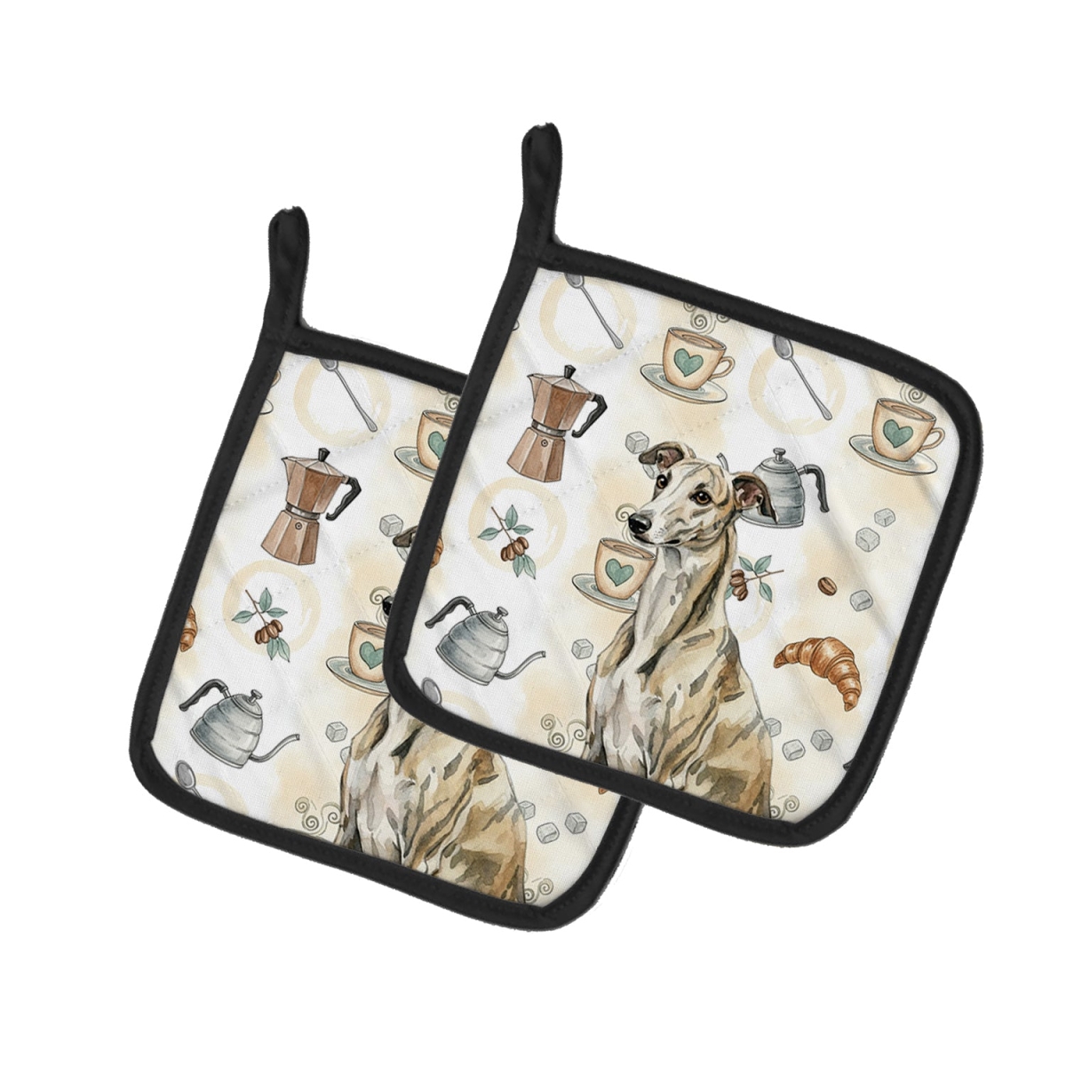 Picture of Carolines Treasures WDK7653PTHD 7.5 x 7.5 in. Brindle Whippet Coffee Bar Pair of Pot Holders
