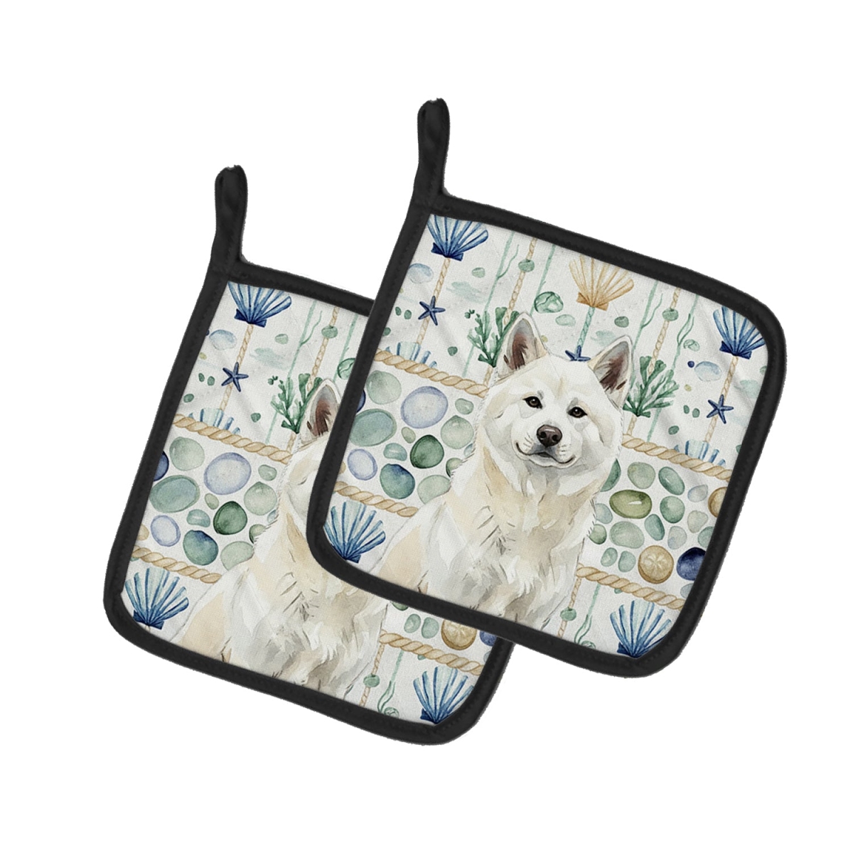 Picture of Carolines Treasures WDK6872PTHD 7.5 x 7.5 in. White Akita Coastal Sea Glass Pair of Pot Holders