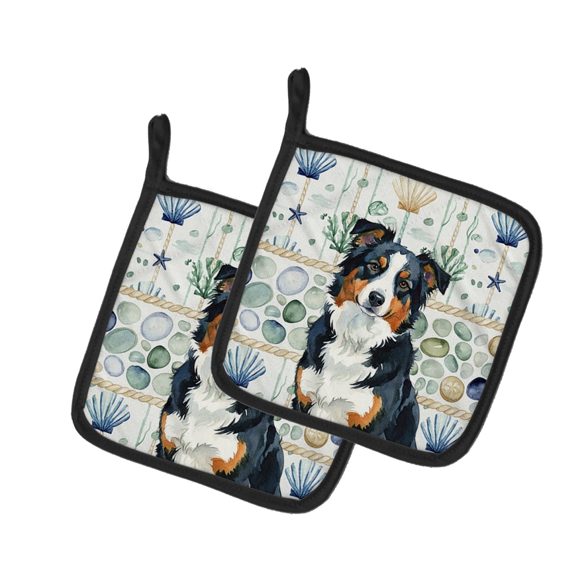 Picture of Carolines Treasures WDK6879PTHD 7.5 x 7.5 in. Black Tri American Shepherd Coastal Sea Glass Pair of Pot Holders