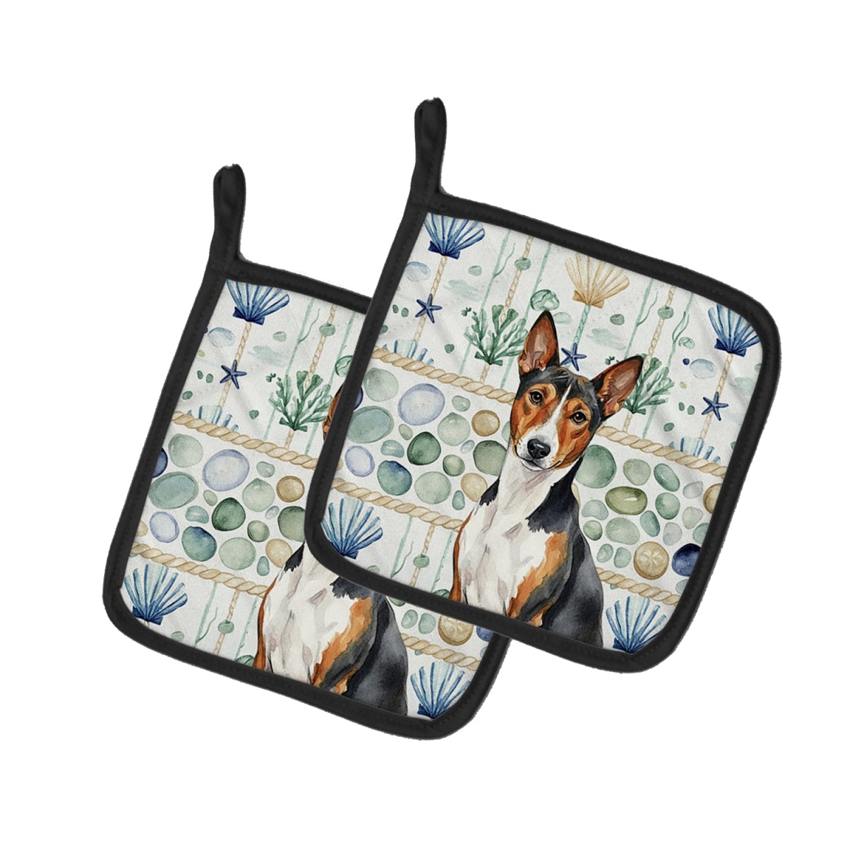 Picture of Carolines Treasures WDK6895PTHD 7.5 x 7.5 in. Tricolor & White Basenji Coastal Sea Glass Pair of Pot Holders