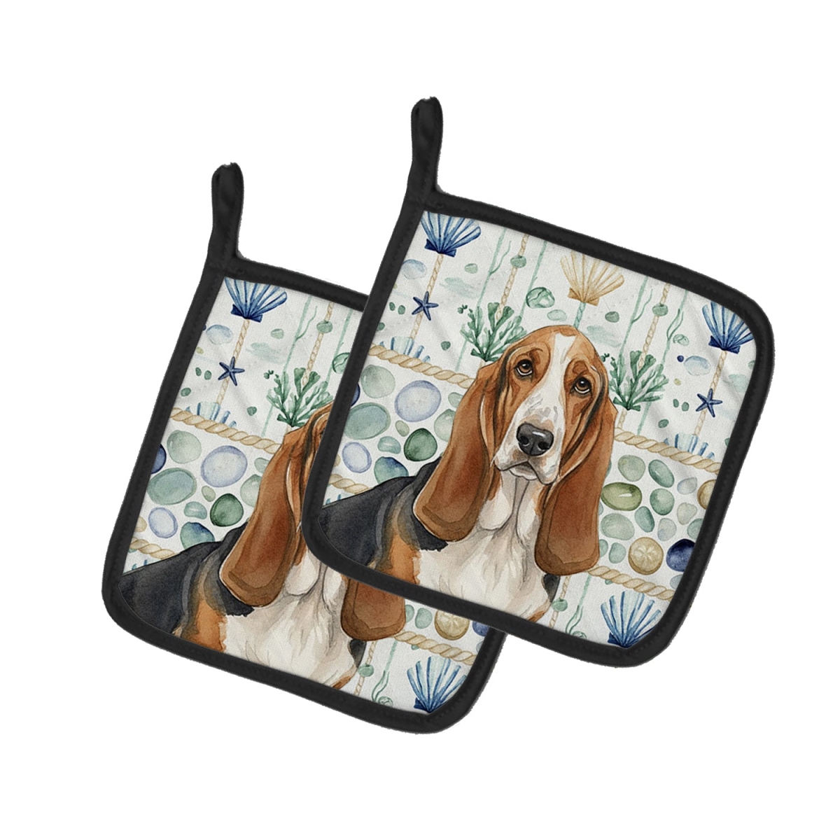 Picture of Carolines Treasures WDK6898PTHD 7.5 x 7.5 in. Tricolor & White Basset Hound Coastal Sea Glass Pair of Pot Holders