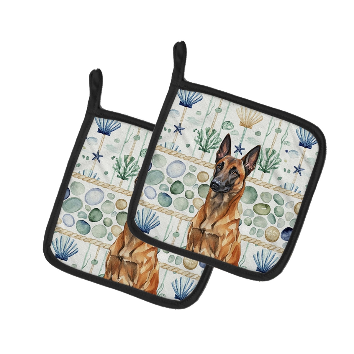 Picture of Carolines Treasures WDK6909PTHD 7.5 x 7.5 in. Mahogany Belgian Malinois Coastal Sea Glass Pair of Pot Holders
