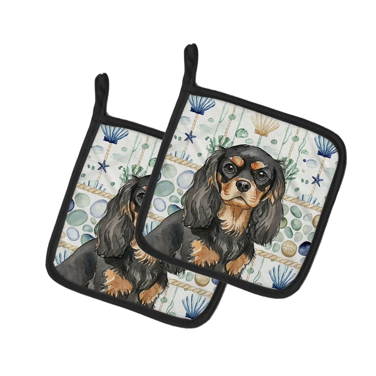 Picture of Carolines Treasures WDK6962PTHD 7.5 x 7.5 in. Black & Tan Cavalier Spaniel Coastal Sea Glass Pair of Pot Holders