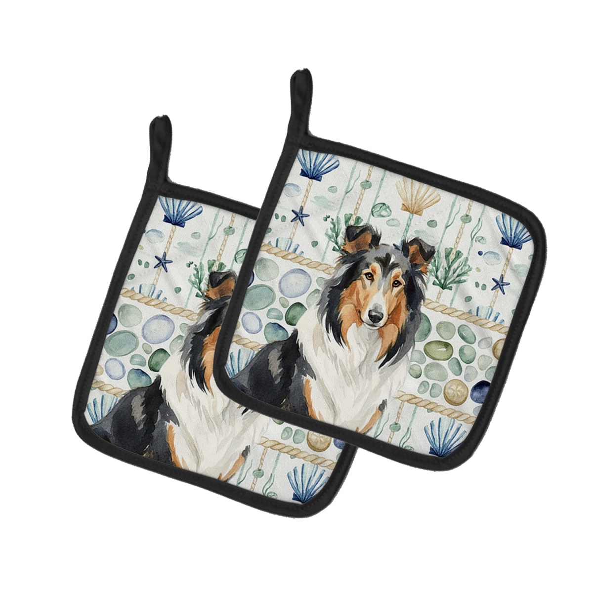 Picture of Carolines Treasures WDK6987PTHD 7.5 x 7.5 in. Tricolor Collie Coastal Sea Glass Pair of Pot Holders