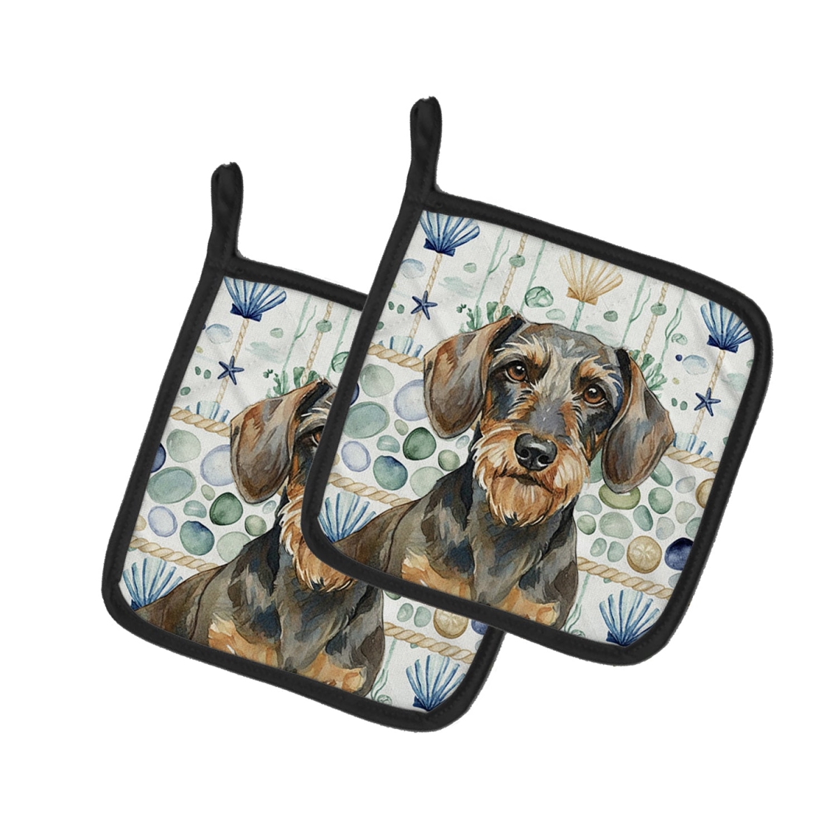 Picture of Carolines Treasures WDK7003PTHD 7.5 x 7.5 in. Wirehaired Wild Boar Dachshund Coastal Sea Glass Pair of Pot Holders