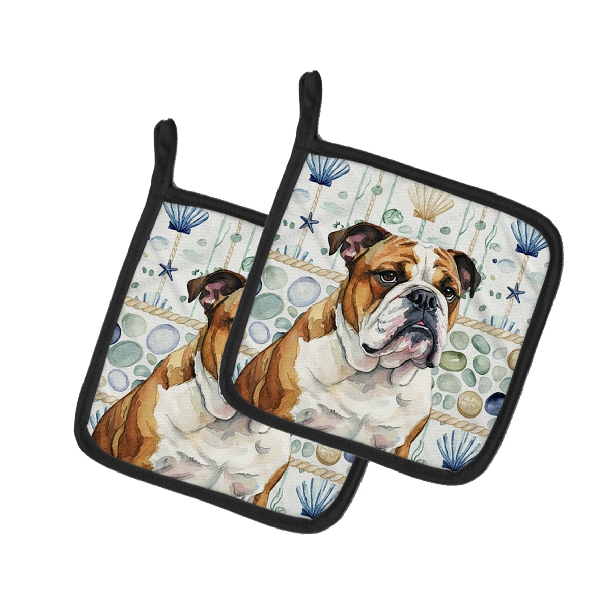 Picture of Carolines Treasures WDK7014PTHD 7.5 x 7.5 in. Brindle & White English Bulldog Coastal Sea Glass Pair of Pot Holders