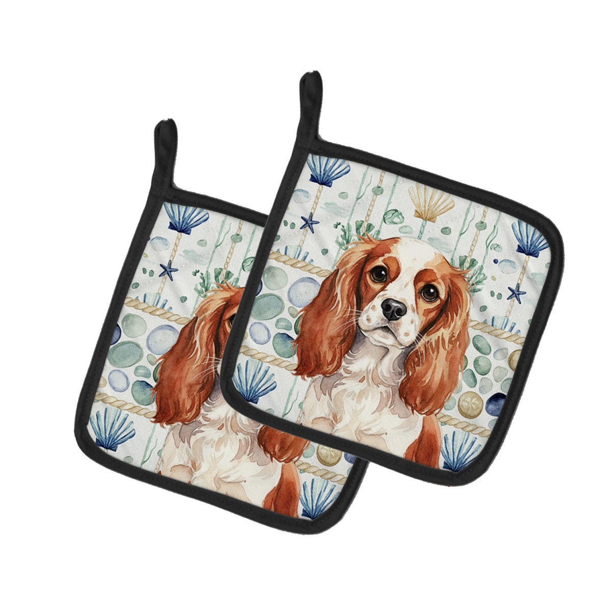 Picture of Carolines Treasures WDK7035PTHD 7.5 x 7.5 in. Blenheim English Toy Spaniel Coastal Sea Glass Pair of Pot Holders