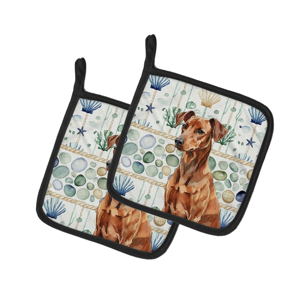 Picture of Carolines Treasures WDK7043PTHD 7.5 x 7.5 in. Red German Pinscher Coastal Sea Glass Pair of Pot Holders