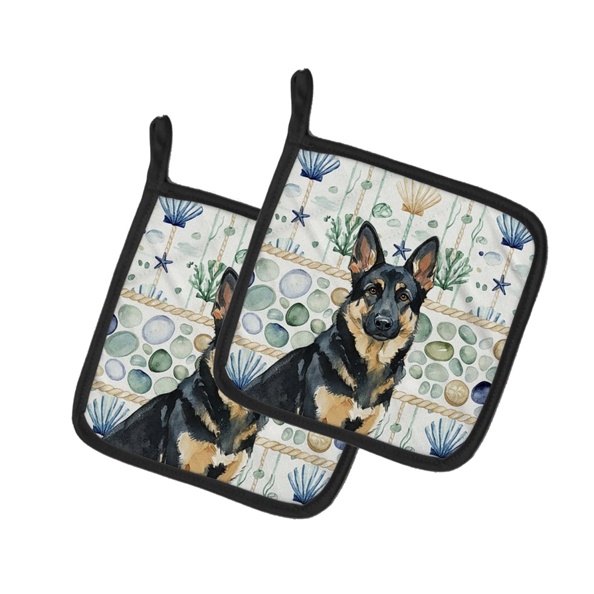Picture of Carolines Treasures WDK7044PTHD 7.5 x 7.5 in. Black & Tan German Shepherd Coastal Sea Glass Pair of Pot Holders
