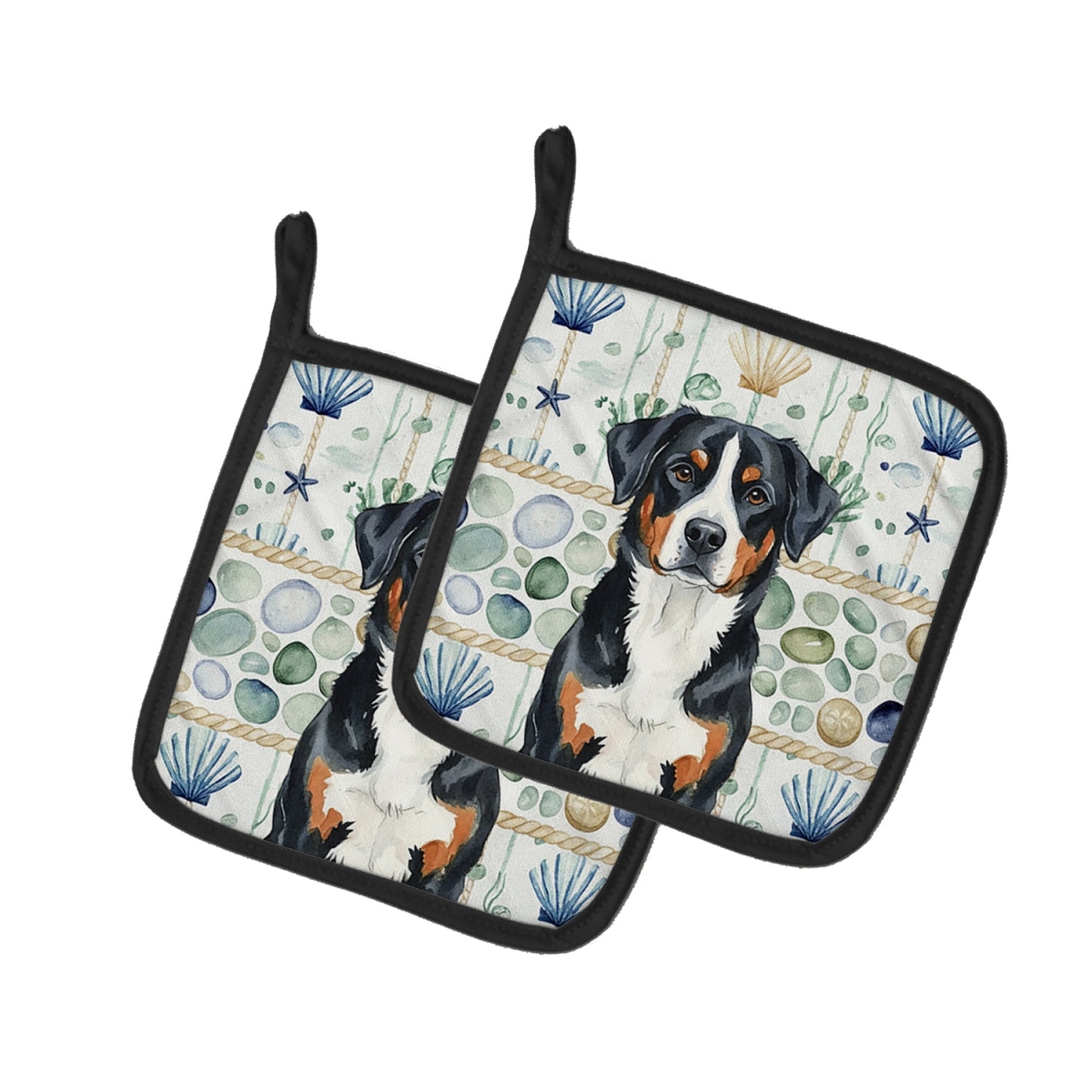 Picture of Carolines Treasures WDK7059PTHD 7.5 x 7.5 in. Greater Swiss Mountain Dog Coastal Sea Glass Pair of Pot Holders
