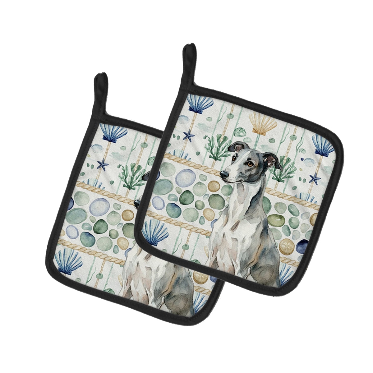 Picture of Carolines Treasures WDK7060PTHD 7.5 x 7.5 in. Black & White Greyhound Coastal Sea Glass Pair of Pot Holders