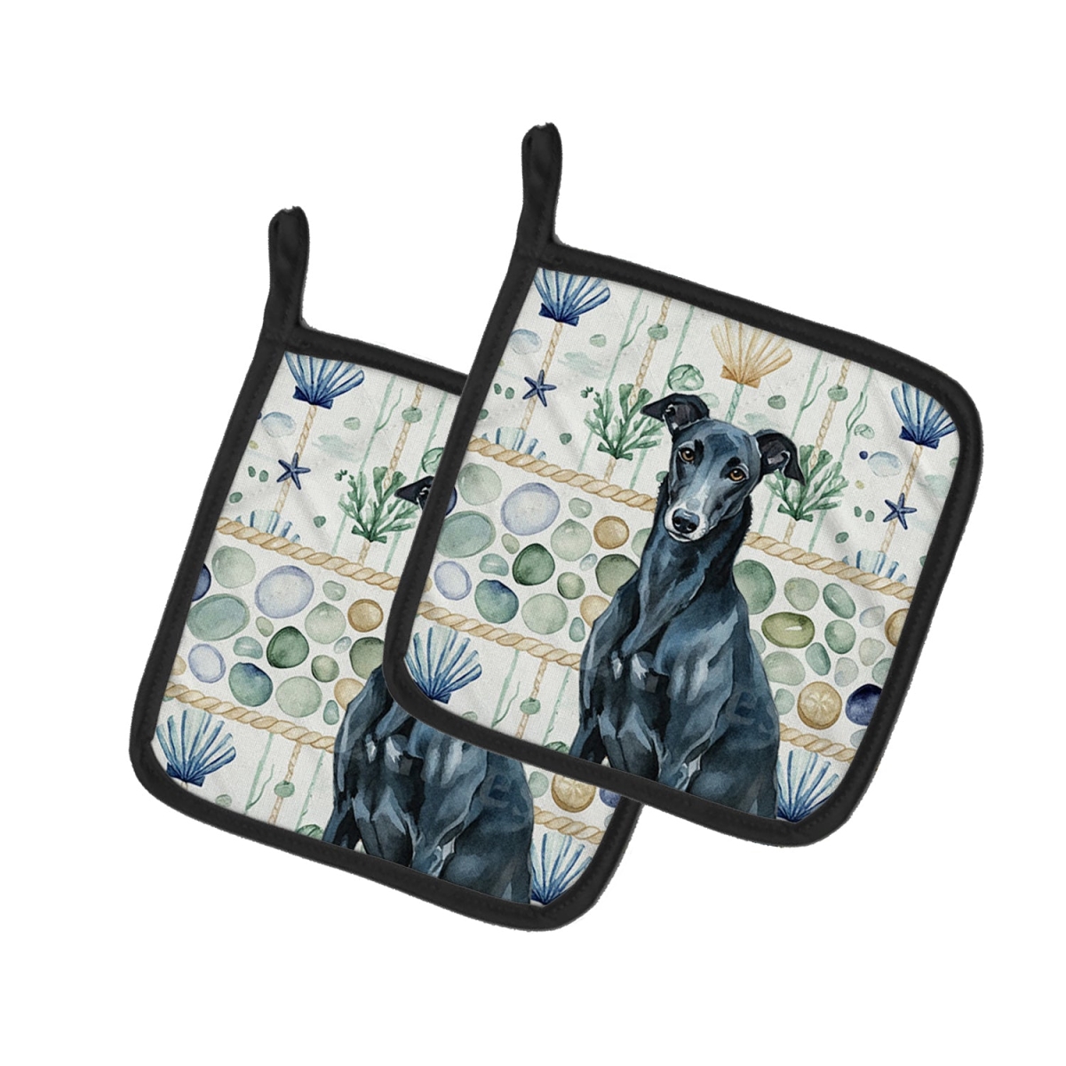 Picture of Carolines Treasures WDK7061PTHD 7.5 x 7.5 in. Black Greyhound Coastal Sea Glass Pair of Pot Holders