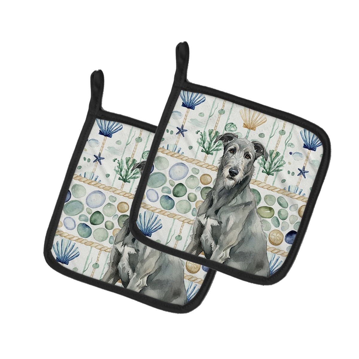 Picture of Carolines Treasures WDK7075PTHD 7.5 x 7.5 in. Gray Irish Wolfhound Coastal Sea Glass Pair of Pot Holders