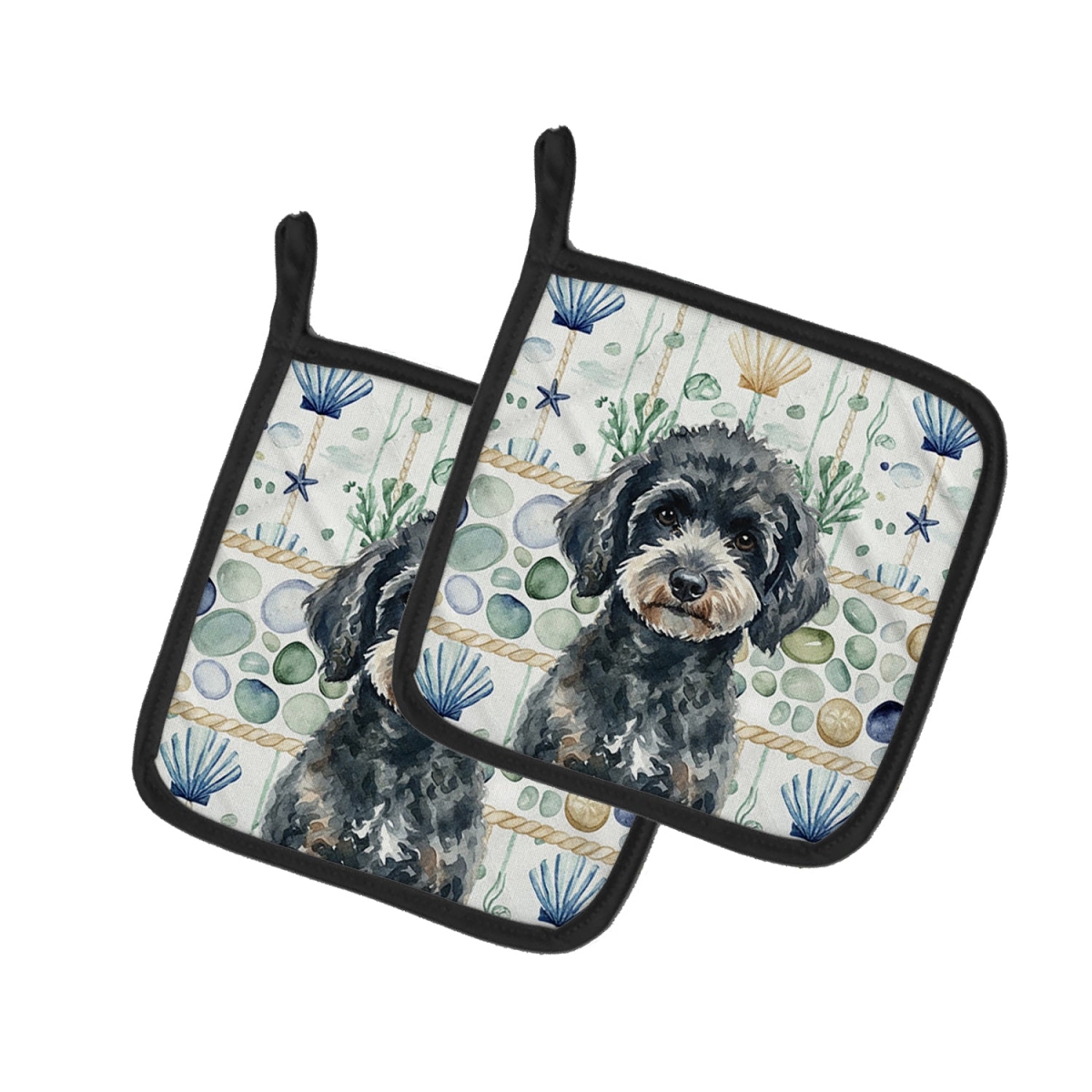 Picture of Carolines Treasures WDK7164PTHD 7.5 x 7.5 in. Miniature Black Poodle Coastal Sea Glass Pair of Pot Holders