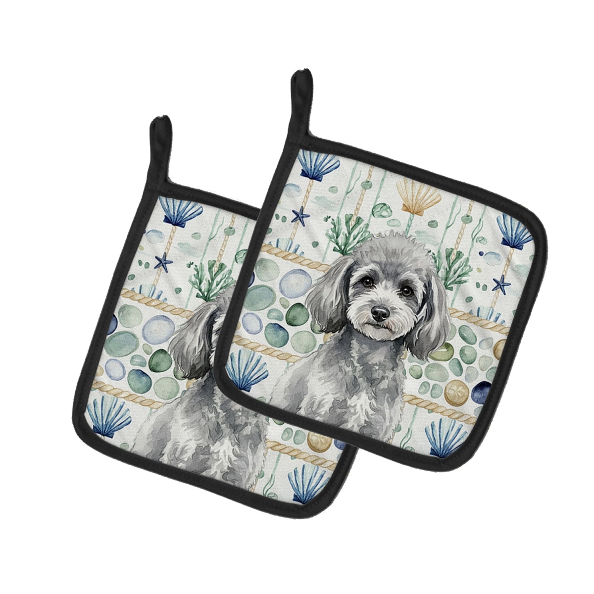 Picture of Carolines Treasures WDK7176PTHD 7.5 x 7.5 in. Toy Silver Poodle Coastal Sea Glass Pair of Pot Holders