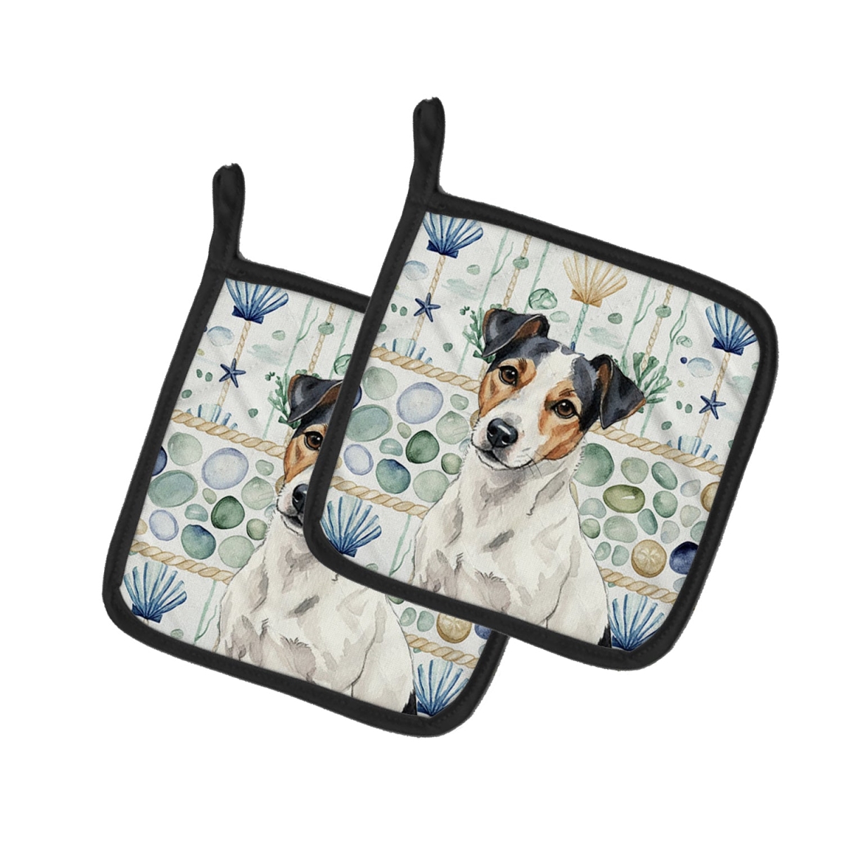 Picture of Carolines Treasures WDK7189PTHD 7.5 x 7.5 in. White with Black Markings Russell Terrier Coastal Sea Glass Pair of Pot Holders