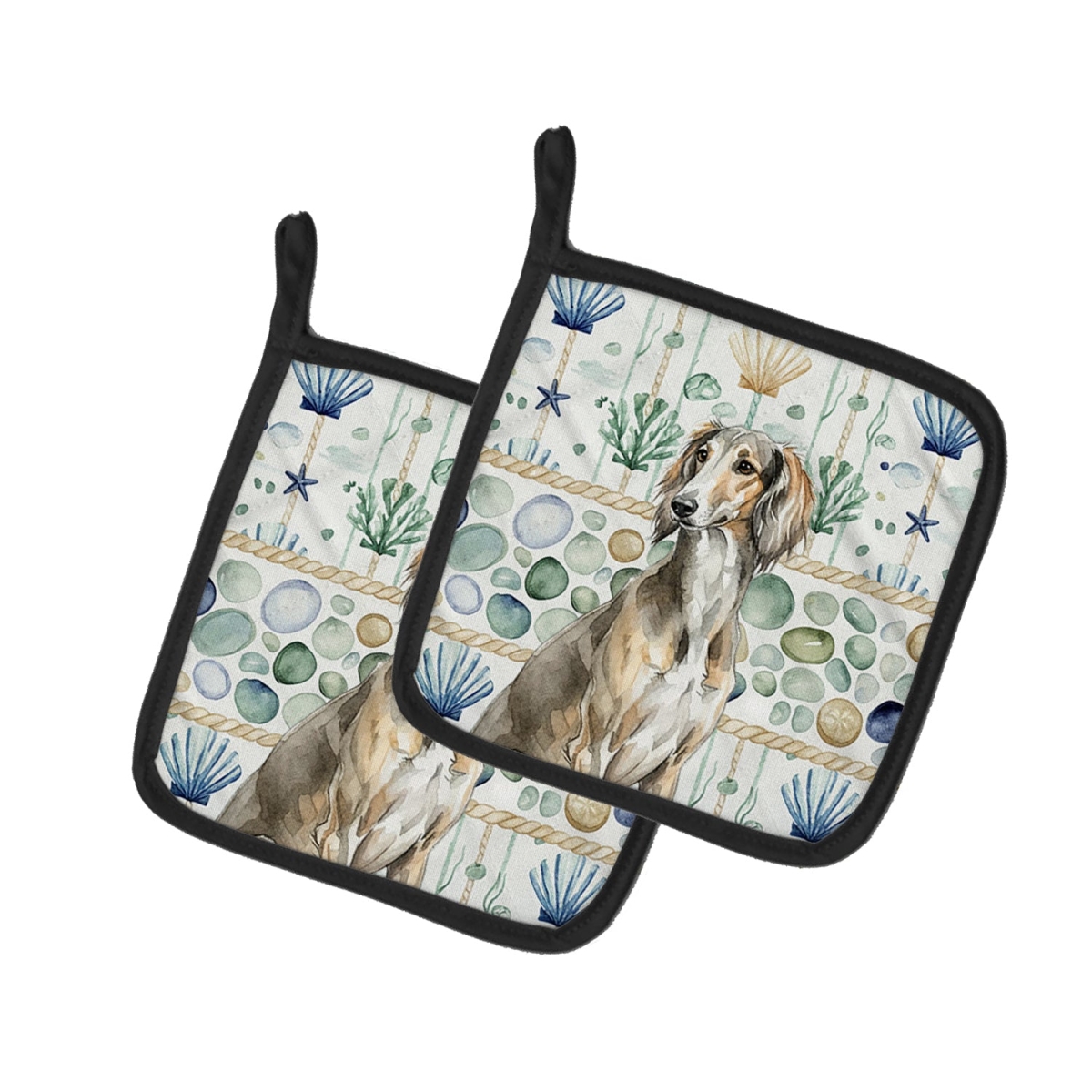 Picture of Carolines Treasures WDK7196PTHD 7.5 x 7.5 in. Grizzle Saluki Coastal Sea Glass Pair of Pot Holders