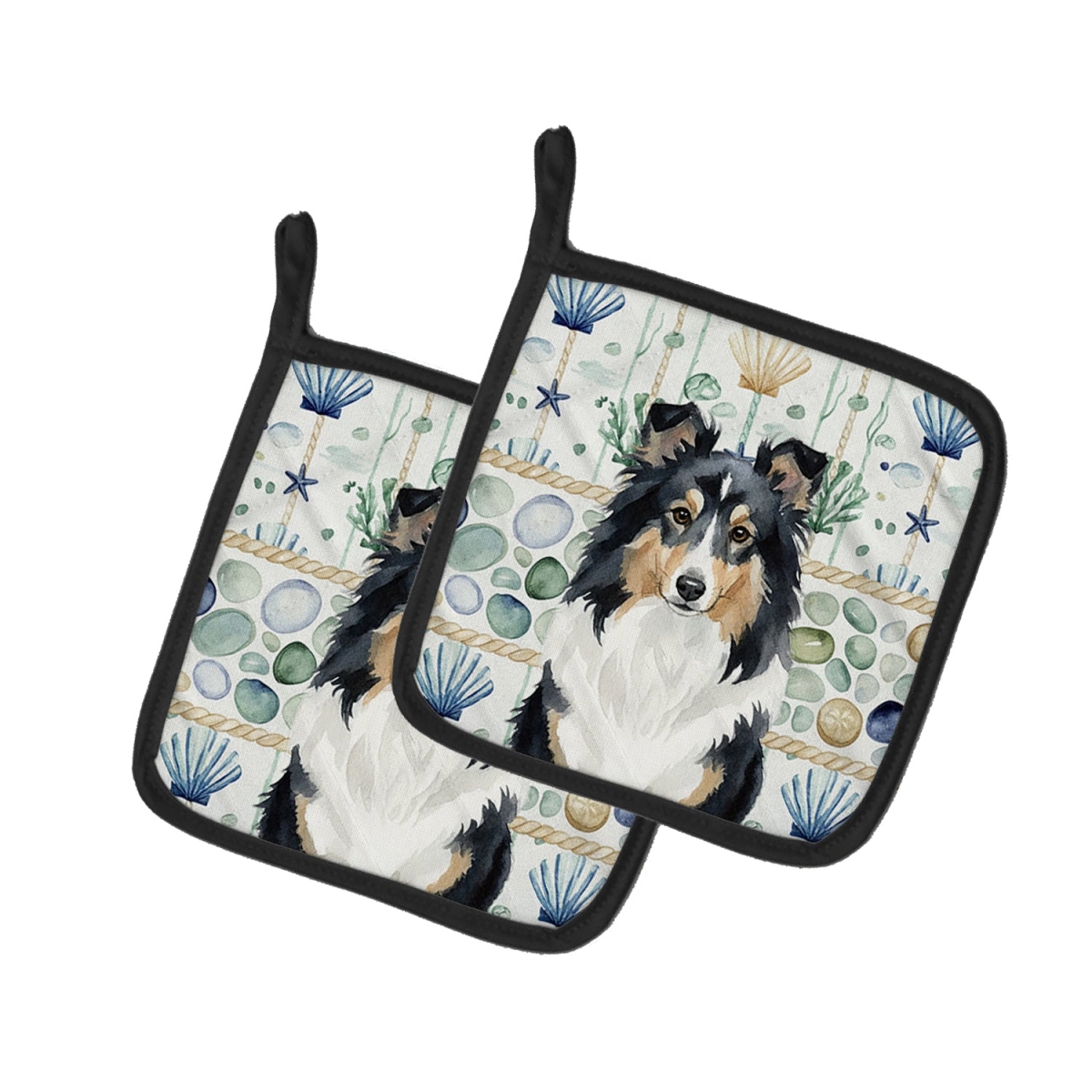 Picture of Carolines Treasures WDK7210PTHD 7.5 x 7.5 in. Tricolor Sheltie Coastal Sea Glass Pair of Pot Holders